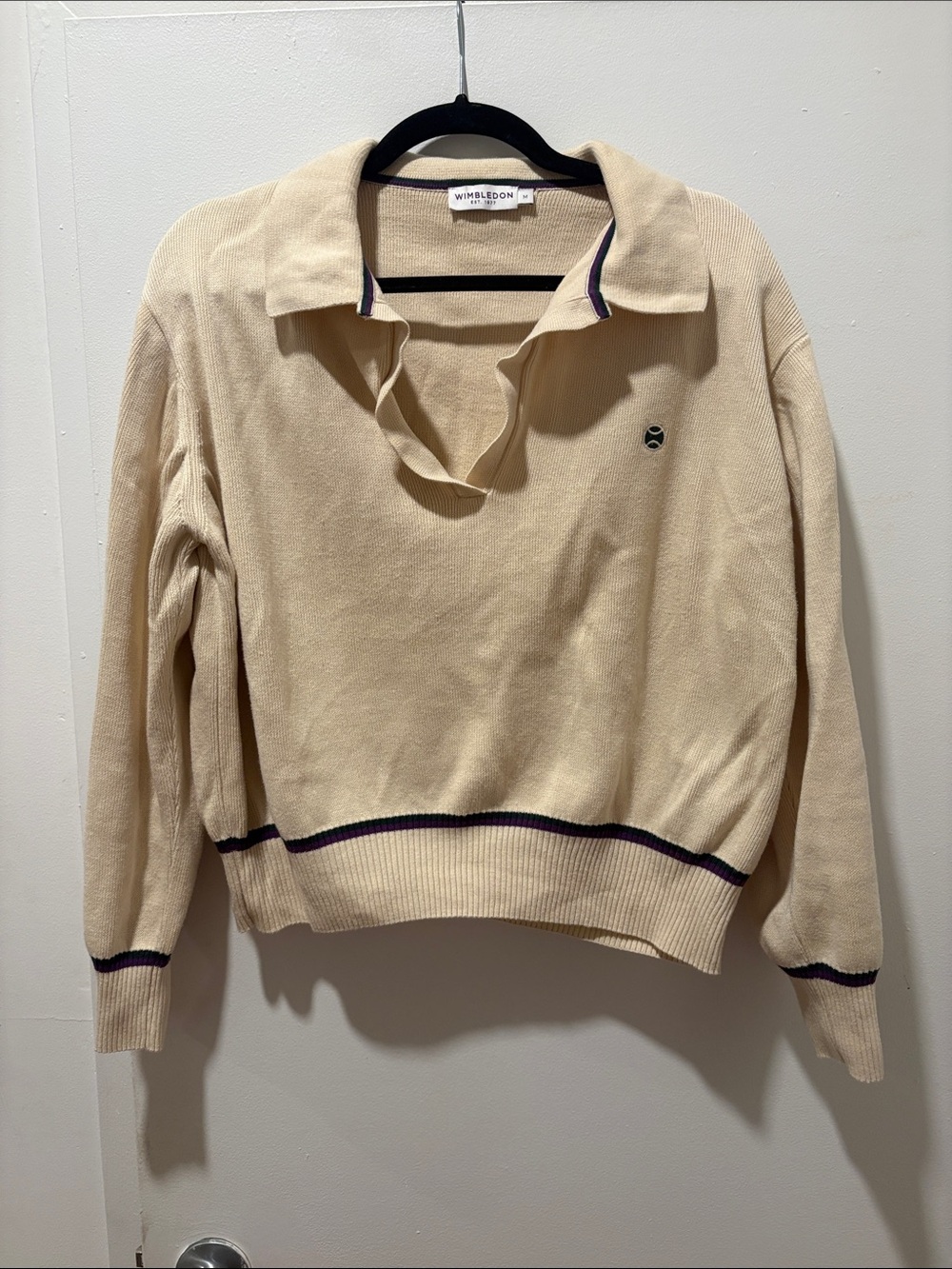 Wimbledon Cream V-Neck Open Collar Sweater with purple and green trim